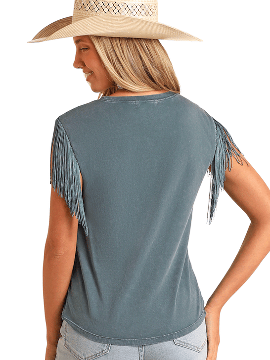 Rock & Roll Denim BW20T05932 Womens Fringe Graphic Tank Teal back view. If you need any assistance with this item or the purchase of this item please call us at five six one seven four eight eight eight zero one Monday through Saturday 10:00a.m EST to 8:00 p.m EST