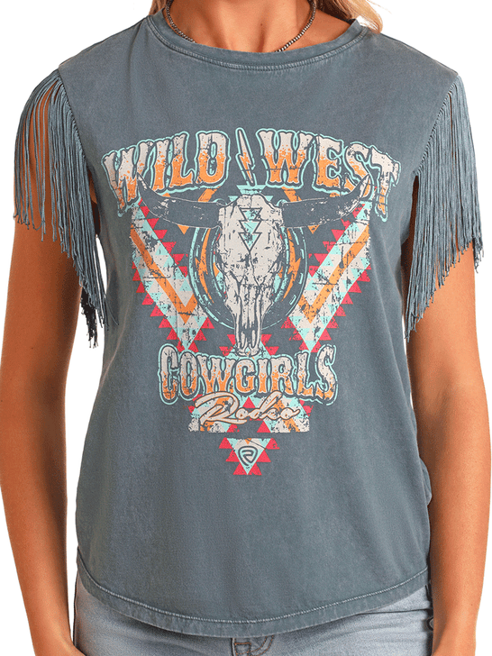 Rock & Roll Denim BW20T05932 Womens Fringe Graphic Tank Teal front graphic close up. If you need any assistance with this item or the purchase of this item please call us at five six one seven four eight eight eight zero one Monday through Saturday 10:00a.m EST to 8:00 p.m EST