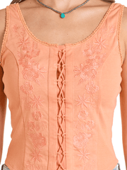 Rock & Roll Denim BW20T06279-ORG Womens Embroidered Tank Wash Orange front close up. If you need any assistance with this item or the purchase of this item please call us at five six one seven four eight eight eight zero one Monday through Saturday 10:00a.m EST to 8:00 p.m EST