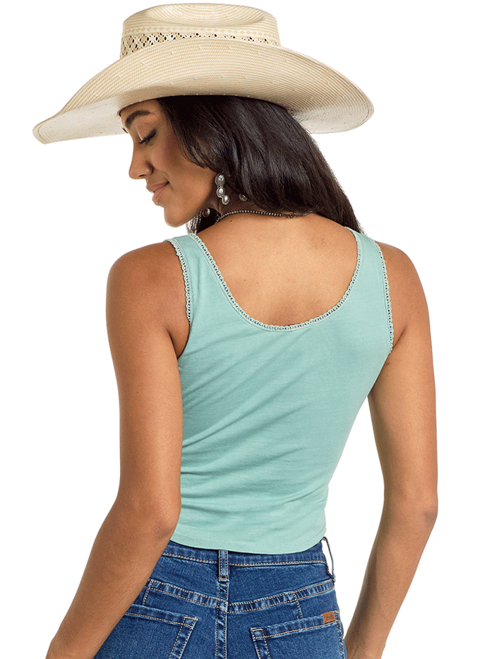 Rock & Roll Denim BW20T06279-GRN Womens Embroidered Tank Wash Green front view. If you need any assistance with this item or the purchase of this item please call us at five six one seven four eight eight eight zero one Monday through Saturday 10:00a.m EST to 8:00 p.m EST