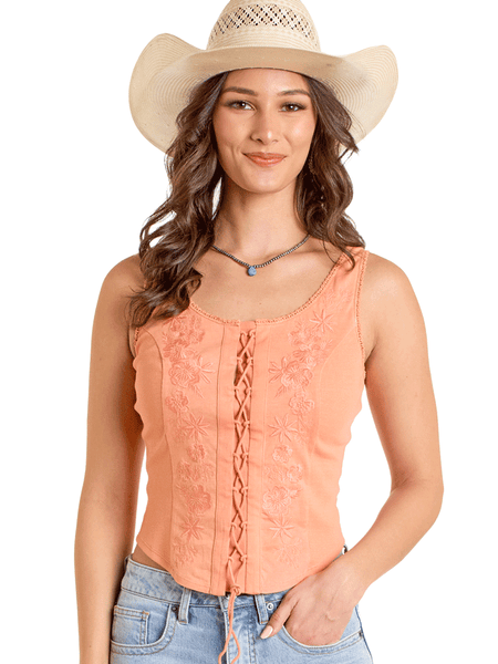 Rock & Roll Denim BW20T06279-ORG Womens Embroidered Tank Wash Orange front view. If you need any assistance with this item or the purchase of this item please call us at five six one seven four eight eight eight zero one Monday through Saturday 10:00a.m EST to 8:00 p.m EST