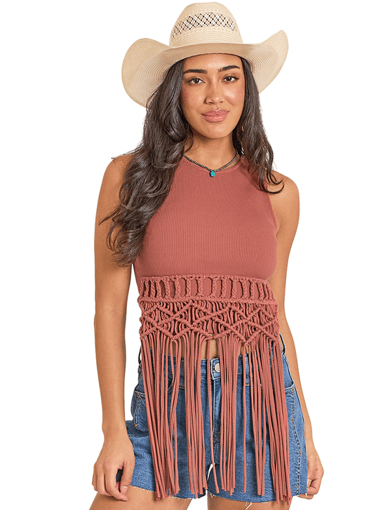 Rock & Roll Denim BW20T08080-RST Womens Top With Fringe Rust front view. If you need any assistance with this item or the purchase of this item please call us at five six one seven four eight eight eight zero one Monday through Saturday 10:00a.m EST to 8:00 p.m EST