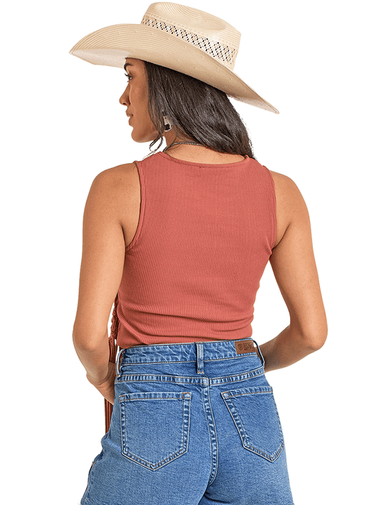 Rock & Roll Denim BW20T08080-RST Womens Top With Fringe Rust back view. If you need any assistance with this item or the purchase of this item please call us at five six one seven four eight eight eight zero one Monday through Saturday 10:00a.m EST to 8:00 p.m EST