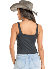 Rock & Roll Denim BW20T08084-BK Womens Texture Buckle Strap Tank Top Black back view. If you need any assistance with this item or the purchase of this item please call us at five six one seven four eight eight eight zero one Monday through Saturday 10:00a.m EST to 8:00 p.m EST