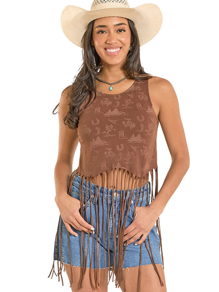 Rock & Roll Denim BW20T08111-BR Womens Conversational Fringe Top Brown front view.If you need any assistance with this item or the purchase of this item please call us at five six one seven four eight eight eight zero one Monday through Saturday 10:00a.m EST to 8:00 p.m EST