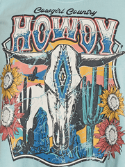 Rock & Roll Denim BW20T08432 Womens Howdy Graphic Fringe Tank Mint graphic close up. If you need any assistance with this item or the purchase of this item please call us at five six one seven four eight eight eight zero one Monday through Saturday 10:00a.m EST to 8:00 p.m EST