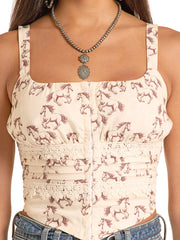 Rock & Roll Denim BW20T08814 Womens Horse Print Tank Top Natural front close up view. If you need any assistance with this item or the purchase of this item please call us at five six one seven four eight eight eight zero one Monday through Saturday 10:00a.m EST to 8:00 p.m EST