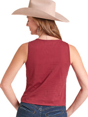 A woman shown from the back wearing a sleeveless dusty red tank top, blue jeans, and a beige cowboy hat against a white background. If you need any assistance with this item or the purchase of this item please call us at five six one seven four eight eight eight zero one Monday through Saturday 10:00a.m EST to 8:00 p.m EST