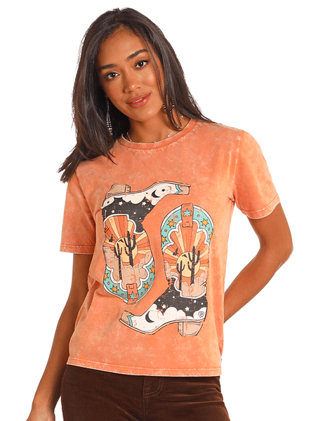 Rock & Roll Denim BW21T04518 Womens Boot Graphic Tee Orange front view. If you need any assistance with this item or the purchase of this item please call us at five six one seven four eight eight eight zero one Monday through Saturday 10:00a.m EST to 8:00 p.m EST

