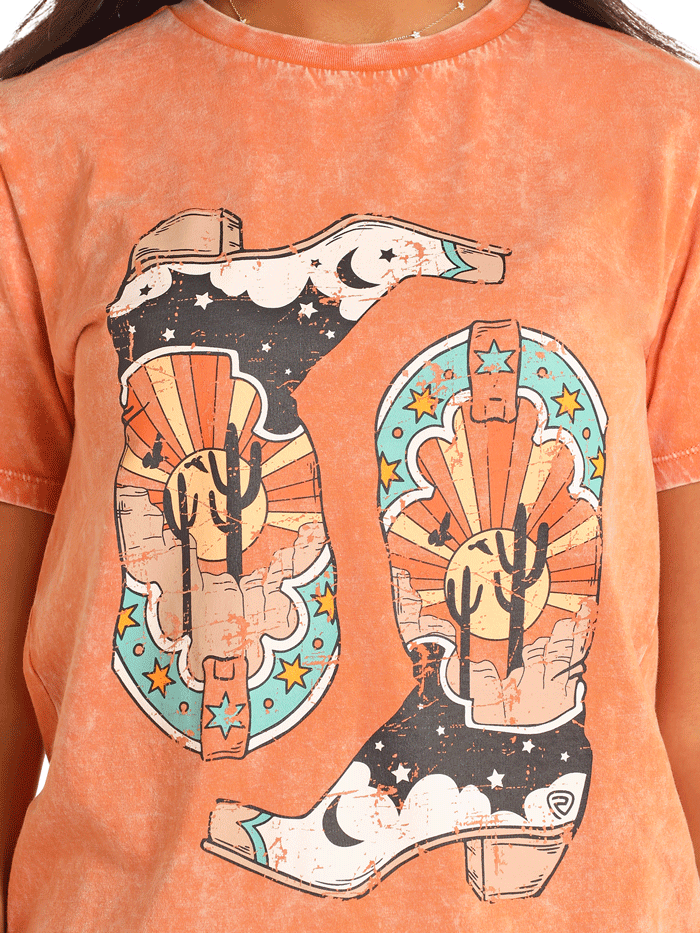 Rock & Roll Denim BW21T04518 Womens Boot Graphic Tee Orange front view. If you need any assistance with this item or the purchase of this item please call us at five six one seven four eight eight eight zero one Monday through Saturday 10:00a.m EST to 8:00 p.m EST

