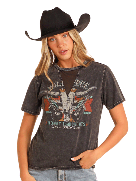 Rock & Roll Denim BW21T04519 Womens Graphic Tee With Mesh Black front view. If you need any assistance with this item or the purchase of this item please call us at five six one seven four eight eight eight zero one Monday through Saturday 10:00a.m EST to 8:00 p.m EST