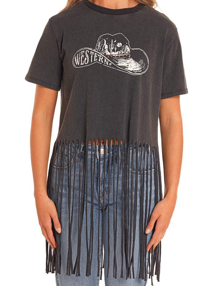 Rock & Roll Denim BW21T04524 Womens Fringe Tee With Studs Black front view. If you need any assistance with this item or the purchase of this item please call us at five six one seven four eight eight eight zero one Monday through Saturday 10:00a.m EST to 8:00 p.m EST
