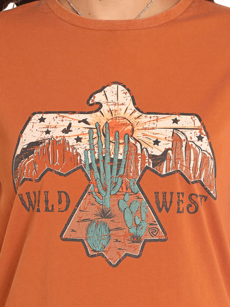 Rock & Roll Denim BW21T04526 Womens Eagle Graphic Tee Rust front graphic close up view. If you need any assistance with this item or the purchase of this item please call us at five six one seven four eight eight eight zero one Monday through Saturday 10:00a.m EST to 8:00 p.m EST