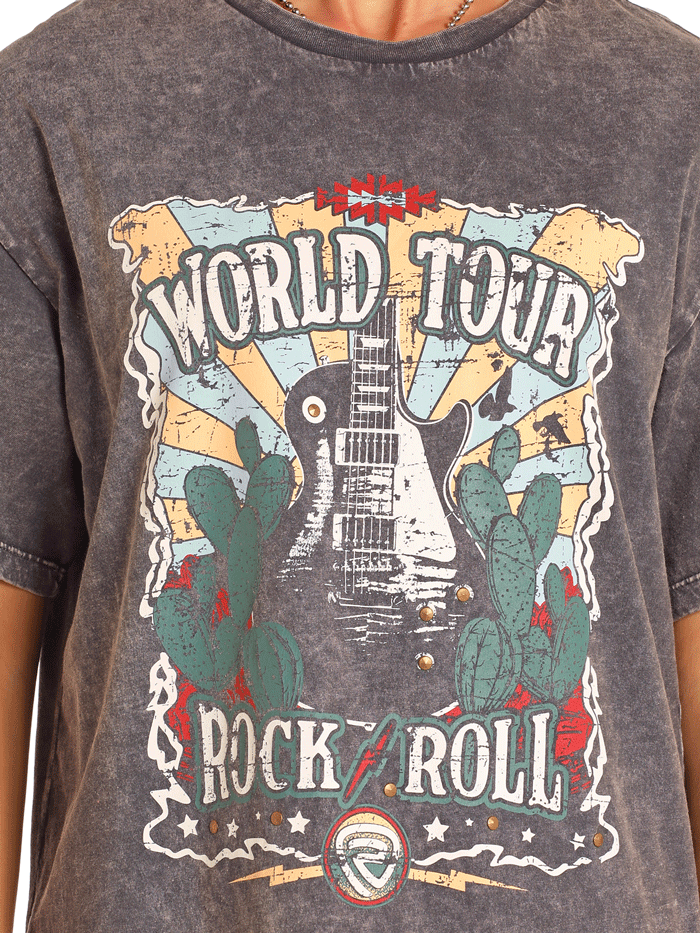 Rock & Roll Denim BW21T04529 Womens Oversized Graphic Tee With Studs Grey front view. If you need any assistance with this item or the purchase of this item please call us at five six one seven four eight eight eight zero one Monday through Saturday 10:00a.m EST to 8:00 p.m EST