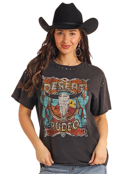 Rock & Roll Denim BW21T05421 Womens Studded Desert Rodeo Oversized T-Shirt Black front view. If you need any assistance with this item or the purchase of this item please call us at five six one seven four eight eight eight zero one Monday through Saturday 10:00a.m EST to 8:00 p.m EST