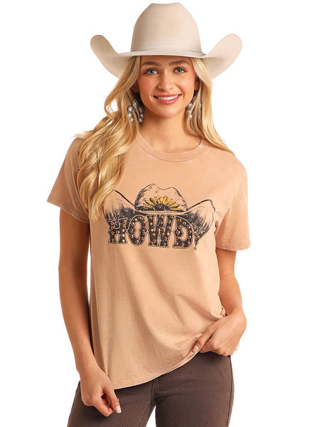 Rock & Roll Denim BW21T05423 Womens Studded Howdy Graphic Tee Tan front view. If you need any assistance with this item or the purchase of this item please call us at five six one seven four eight eight eight zero one Monday through Saturday 10:00a.m EST to 8:00 p.m EST