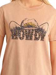 Rock & Roll Denim BW21T05423 Womens Studded Howdy Graphic Tee Tan close up. If you need any assistance with this item or the purchase of this item please call us at five six one seven four eight eight eight zero one Monday through Saturday 10:00a.m EST to 8:00 p.m EST