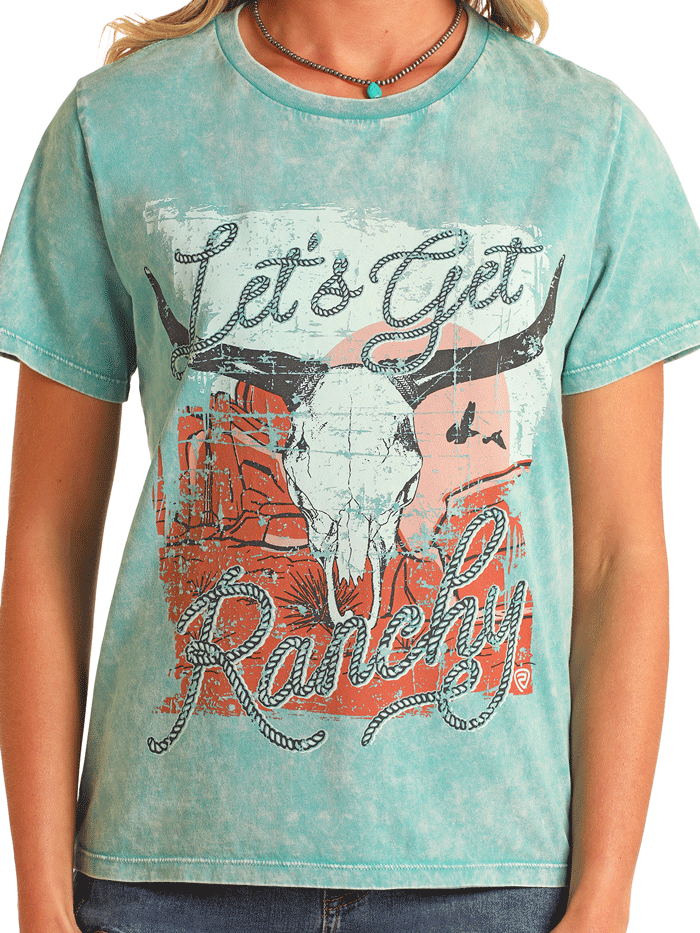 Rock & Roll Denim BW21T05928 Womens Longhorn Graphic Tee Teal front view. If you need any assistance with this item or the purchase of this item please call us at five six one seven four eight eight eight zero one Monday through Saturday 10:00a.m EST to 8:00 p.m EST