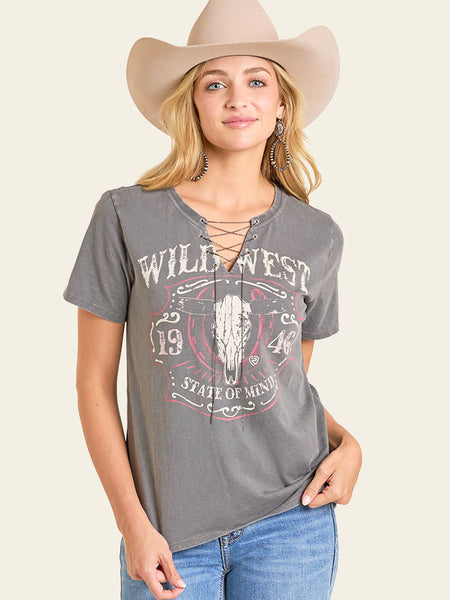 Rock & Roll Denim BW21T07327 Womens Chain Detail Graphic Tee Charcoal Grey front view. If you need any assistance with this item or the purchase of this item please call us at five six one seven four eight eight eight zero one Monday through Saturday 10:00a.m EST to 8:00 p.m EST