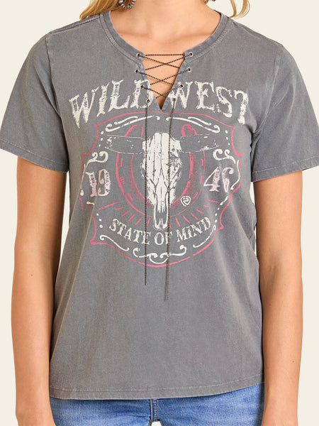 Rock & Roll Denim BW21T07327 Womens Chain Detail Graphic Tee Charcoal Grey front close up.  If you need any assistance with this item or the purchase of this item please call us at five six one seven four eight eight eight zero one Monday through Saturday 10:00a.m EST to 8:00 p.m EST