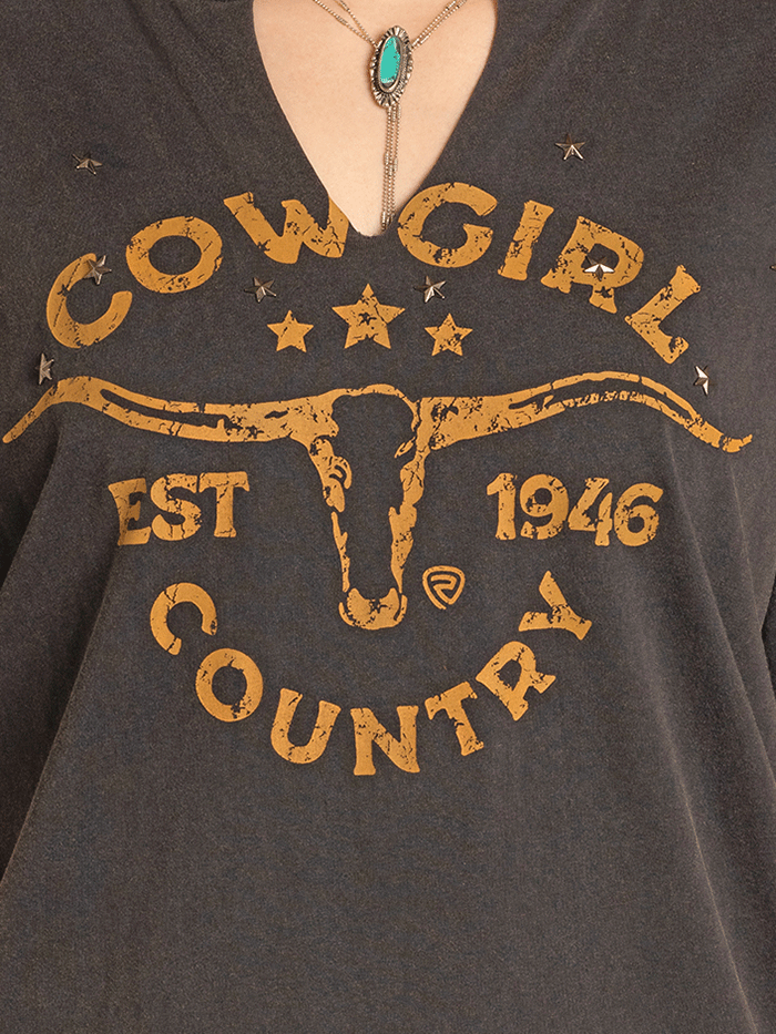 Rock & Roll Denim BW21T07959 Womens Graphic Tee With Studs Black front view. If you need any assistance with this item or the purchase of this item please call us at five six one seven four eight eight eight zero one Monday through Saturday 10:00a.m EST to 8:00 p.m EST