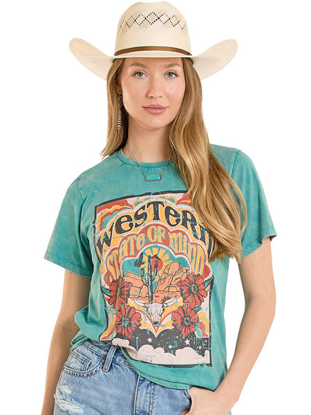 Rock & Roll Denim BW21T08428 Womens Western State of Mind Graphic Tee Turquoise front view. If you need any assistance with this item or the purchase of this item please call us at five six one seven four eight eight eight zero one Monday through Saturday 10:00a.m EST to 8:00 p.m EST