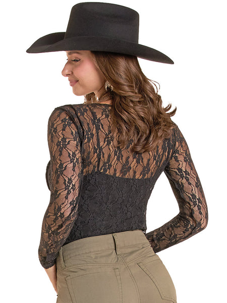 A woman shown from the back wearing a black lace long-sleeve top, olive green pants, and a black cowboy hat against a plain white background. If you need any assistance with this item or the purchase of this item please call us at five six one seven four eight eight eight zero one Monday through Saturday 10:00a.m EST to 8:00 p.m EST