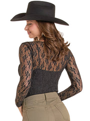 A woman shown from the back wearing a black lace long-sleeve top, olive green pants, and a black cowboy hat against a plain white background. If you need any assistance with this item or the purchase of this item please call us at five six one seven four eight eight eight zero one Monday through Saturday 10:00a.m EST to 8:00 p.m EST