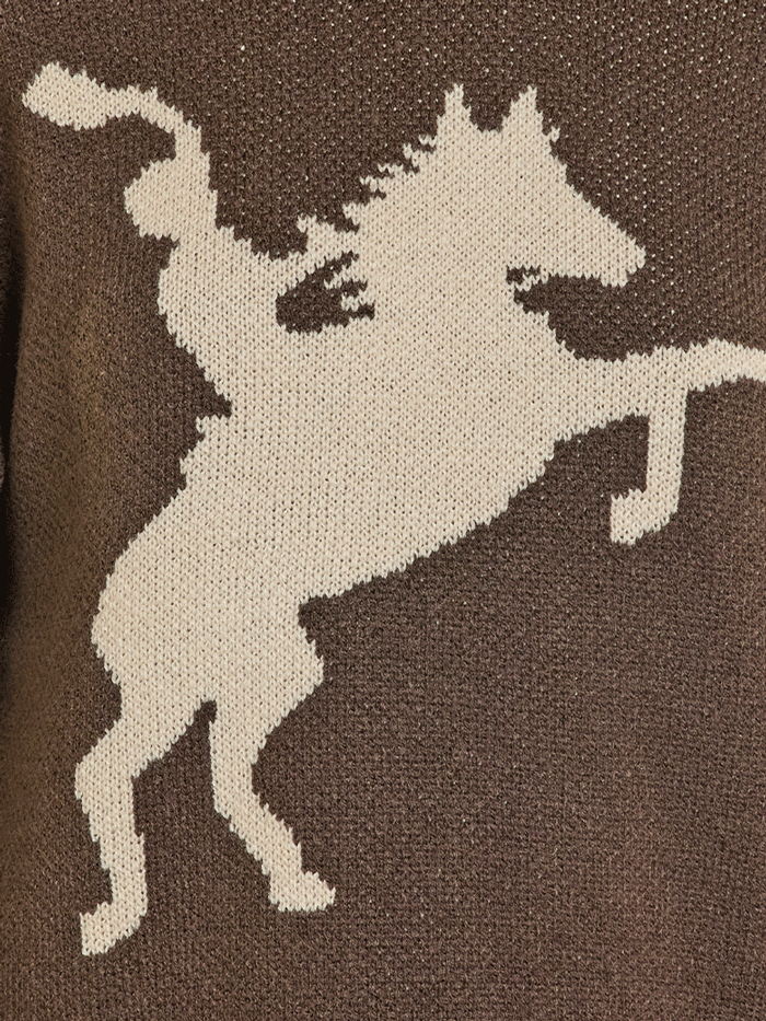 Rock & Roll Denim BW32T07819 Womens Blanket Stitch Horse Rider Sweater Dark Brown front view. If you need any assistance with this item or the purchase of this item please call us at five six one seven four eight eight eight zero one Monday through Saturday 10:00a.m EST to 8:00 p.m EST
