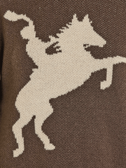 Rock & Roll Denim BW32T07819 Womens Blanket Stitch Horse Rider Sweater Dark Brown design close up. If you need any assistance with this item or the purchase of this item please call us at five six one seven four eight eight eight zero one Monday through Saturday 10:00a.m EST to 8:00 p.m EST