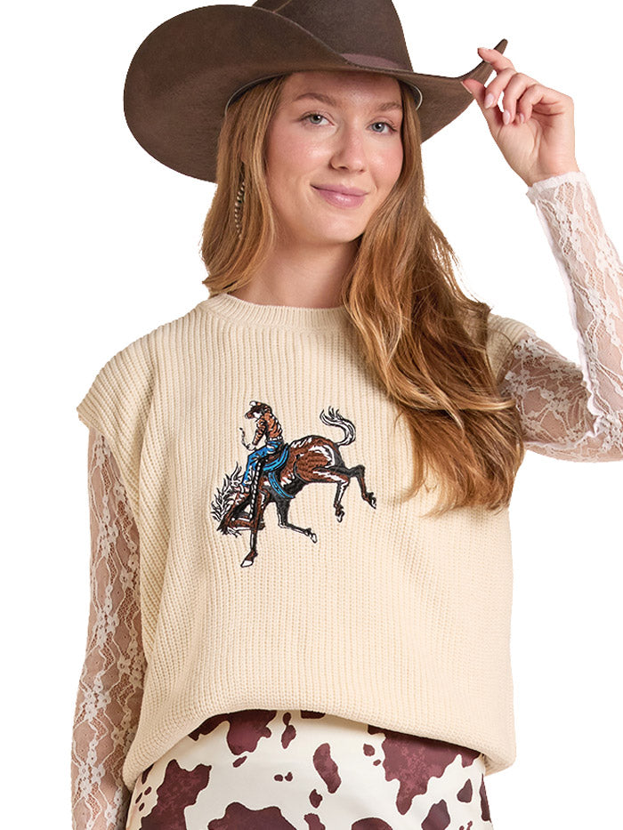 Rock & Roll Denim BW38T09351 Womens Western Embroidered Sweater Vest Natural front view. If you need any assistance with this item or the purchase of this item please call us at five six one seven four eight eight eight zero one Monday through Saturday 10:00a.m EST to 8:00 p.m EST
