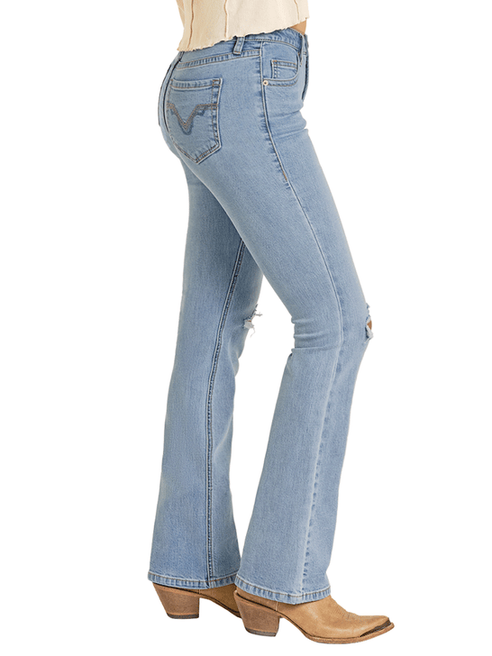 Rock & Roll Denim BW4MD07187 Womens Mid Rise Distressed Bootcut Jean Light Wash side view. If you need any assistance with this item or the purchase of this item please call us at five six one seven four eight eight eight zero one Monday through Saturday 10:00a.m EST to 8:00 p.m EST
