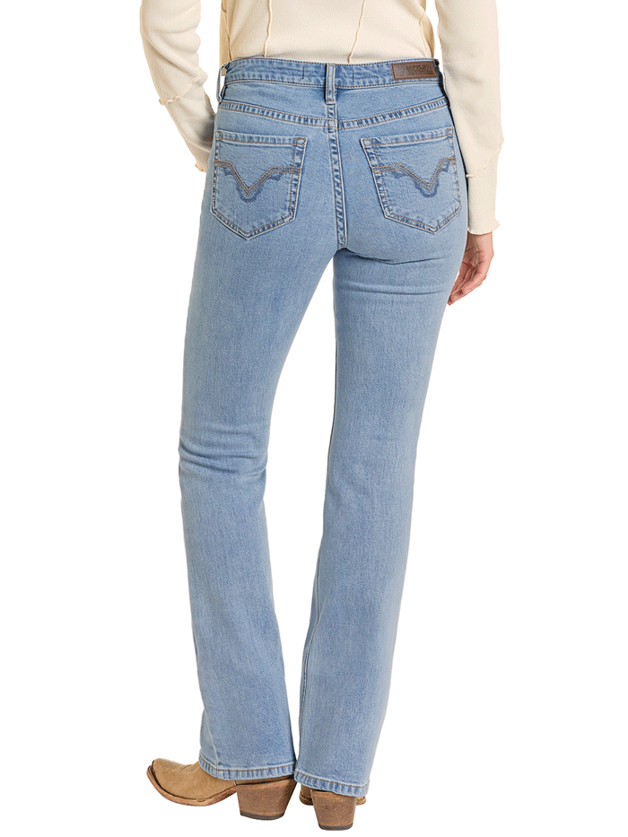 Rock & Roll Denim BW4MD07187 Womens Mid Rise Distressed Bootcut Jean Light Wash full front view. If you need any assistance with this item or the purchase of this item please call us at five six one seven four eight eight eight zero one Monday through Saturday 10:00a.m EST to 8:00 p.m EST

