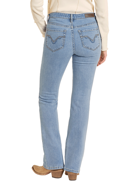 Rock & Roll Denim BW4MD07187 Womens Mid Rise Distressed Bootcut Jean Light Wash back view. If you need any assistance with this item or the purchase of this item please call us at five six one seven four eight eight eight zero one Monday through Saturday 10:00a.m EST to 8:00 p.m EST
