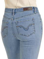 Rock & Roll Denim BW4MD07187 Womens Mid Rise Distressed Bootcut Jean Light Wash back close up view. If you need any assistance with this item or the purchase of this item please call us at five six one seven four eight eight eight zero one Monday through Saturday 10:00a.m EST to 8:00 p.m EST
