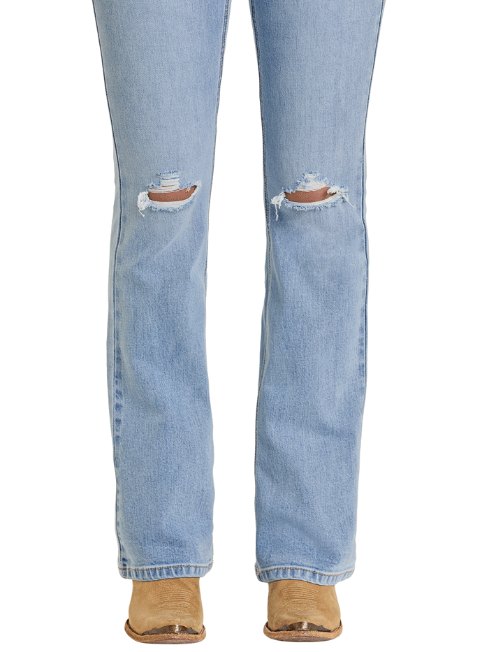 Rock & Roll Denim BW4MD07187 Womens Mid Rise Distressed Bootcut Jean Light Wash full front view. If you need any assistance with this item or the purchase of this item please call us at five six one seven four eight eight eight zero one Monday through Saturday 10:00a.m EST to 8:00 p.m EST
