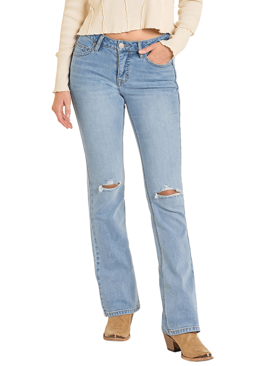 Rock & Roll Denim BW4MD07187 Womens Mid Rise Distressed Bootcut Jean Light Wash full front view. If you need any assistance with this item or the purchase of this item please call us at five six one seven four eight eight eight zero one Monday through Saturday 10:00a.m EST to 8:00 p.m EST
