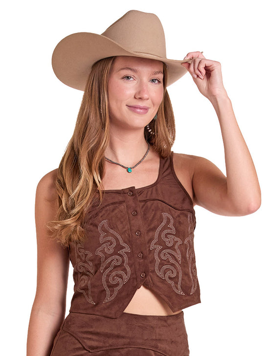 Rock & Roll Denim BW50T08098 Womens Embroidered Microsuede Top Brown front view. If you need any assistance with this item or the purchase of this item please call us at five six one seven four eight eight eight zero one Monday through Saturday 10:00a.m EST to 8:00 p.m EST