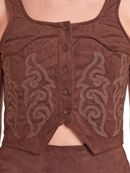 Rock & Roll Denim BW50T08098 Womens Embroidered Microsuede Top Brown close up. If you need any assistance with this item or the purchase of this item please call us at five six one seven four eight eight eight zero one Monday through Saturday 10:00a.m EST to 8:00 p.m EST