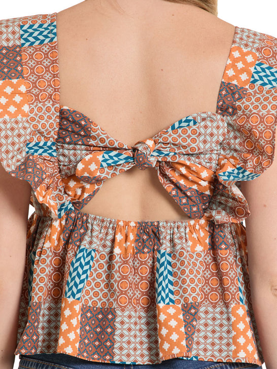 Rock & Roll Denim BW50T08102 Womens Patch Print Flutter Sleeve Tank Rust back view. If you need any assistance with this item or the purchase of this item please call us at five six one seven four eight eight eight zero one Monday through Saturday 10:00a.m EST to 8:00 p.m EST