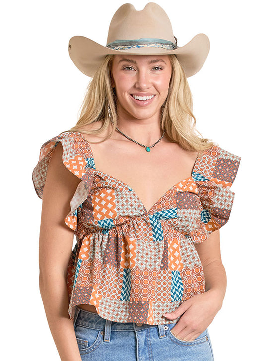 Rock & Roll Denim BW50T08102 Womens Patch Print Flutter Sleeve Tank Rust front view. If you need any assistance with this item or the purchase of this item please call us at five six one seven four eight eight eight zero one Monday through Saturday 10:00a.m EST to 8:00 p.m EST
