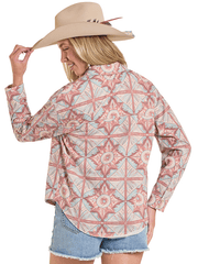 Rock & Roll Denim BW52T08125 Womens Printed Long Sleeve Overshirt Orange back view. If you need any assistance with this item or the purchase of this item please call us at five six one seven four eight eight eight zero one Monday through Saturday 10:00a.m EST to 8:00 p.m EST