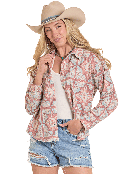 Rock & Roll Denim BW52T08125 Womens Printed Long Sleeve Overshirt Orange front view. If you need any assistance with this item or the purchase of this item please call us at five six one seven four eight eight eight zero one Monday through Saturday 10:00a.m EST to 8:00 p.m EST