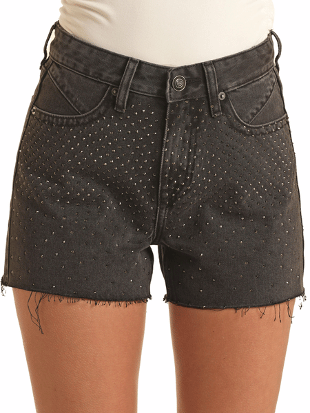 Rock & Roll Denim BW68D03553 Womens Studded Shorts Black front view close up. If you need any assistance with this item or the purchase of this item please call us at five six one seven four eight eight eight zero one Monday through Saturday 10:00a.m EST to 8:00 p.m EST