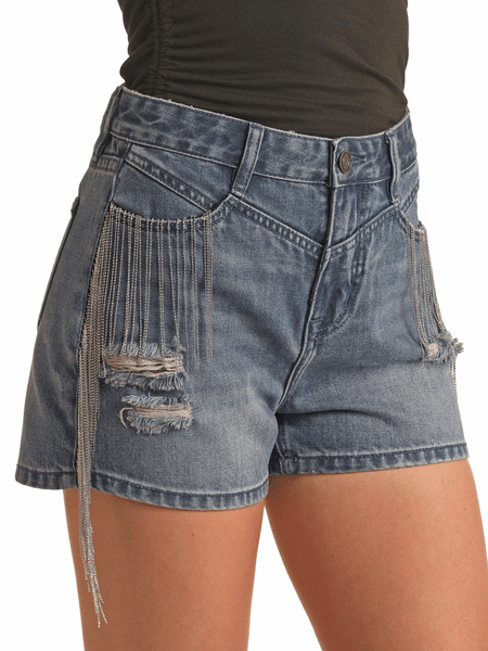 Rock & Roll Denim BW68D03556 Womens High Rise Chain Fringed Shorts Denim close up front view. If you need any assistance with this item or the purchase of this item please call us at five six one seven four eight eight eight zero one Monday through Saturday 10:00a.m EST to 8:00 p.m EST