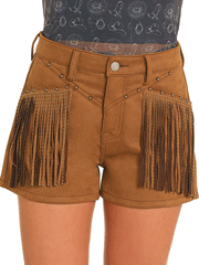 Rock & Roll Denim BW68D04928 Womens Suede Fringe Shorts Camel Copper front view. If you need any assistance with this item or the purchase of this item please call us at five six one seven four eight eight eight zero one Monday through Saturday 10:00a.m EST to 8:00 p.m EST