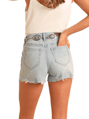 Rock & Roll Denim BW68D06088 Womens Diamond Studded Shorts Light Blue back view. If you need any assistance with this item or the purchase of this item please call us at five six one seven four eight eight eight zero one Monday through Saturday 10:00a.m EST to 8:00 p.m EST