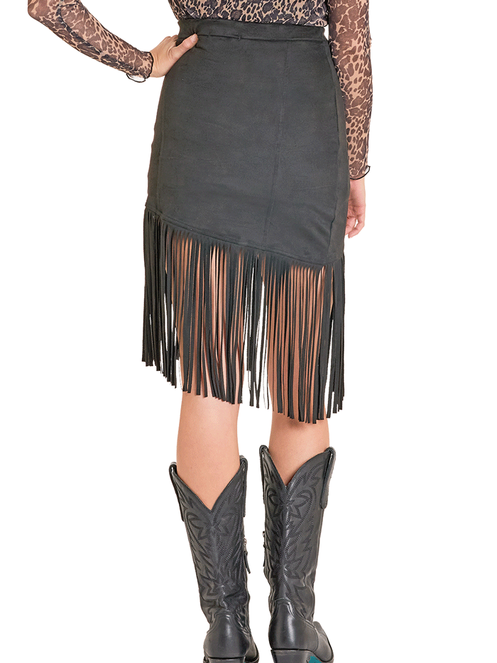 Rock & Roll Denim BW69B07793-BK Womens Asymmetrical Fringe Skirt Black front view. If you need any assistance with this item or the purchase of this item please call us at five six one seven four eight eight eight zero one Monday through Saturday 10:00a.m EST to 8:00 p.m EST
