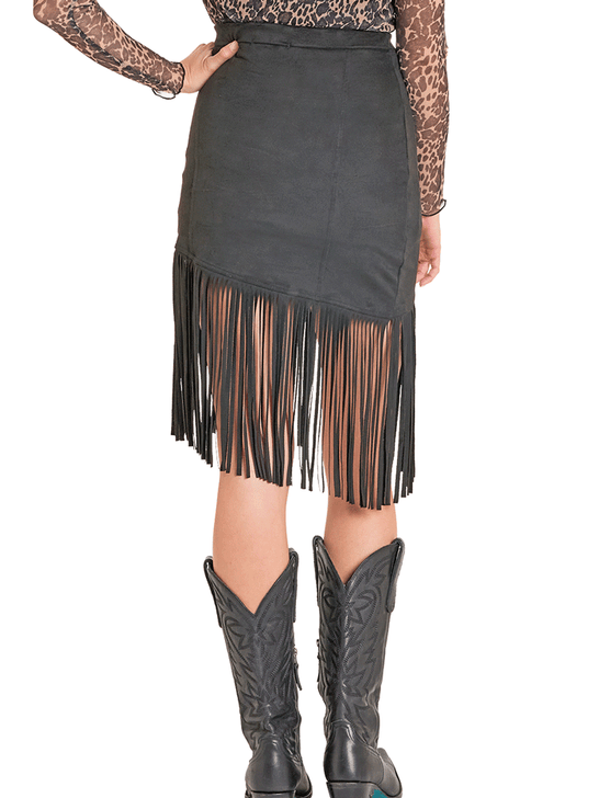 Rock & Roll Denim BW69B07793-BK Womens Asymmetrical Fringe Skirt Black back view. If you need any assistance with this item or the purchase of this item please call us at five six one seven four eight eight eight zero one Monday through Saturday 10:00a.m EST to 8:00 p.m EST
