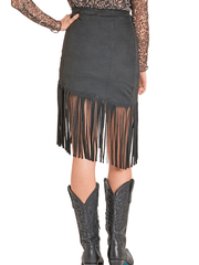 Rock & Roll Denim BW69B07793-BK Womens Asymmetrical Fringe Skirt Black back view. If you need any assistance with this item or the purchase of this item please call us at five six one seven four eight eight eight zero one Monday through Saturday 10:00a.m EST to 8:00 p.m EST
